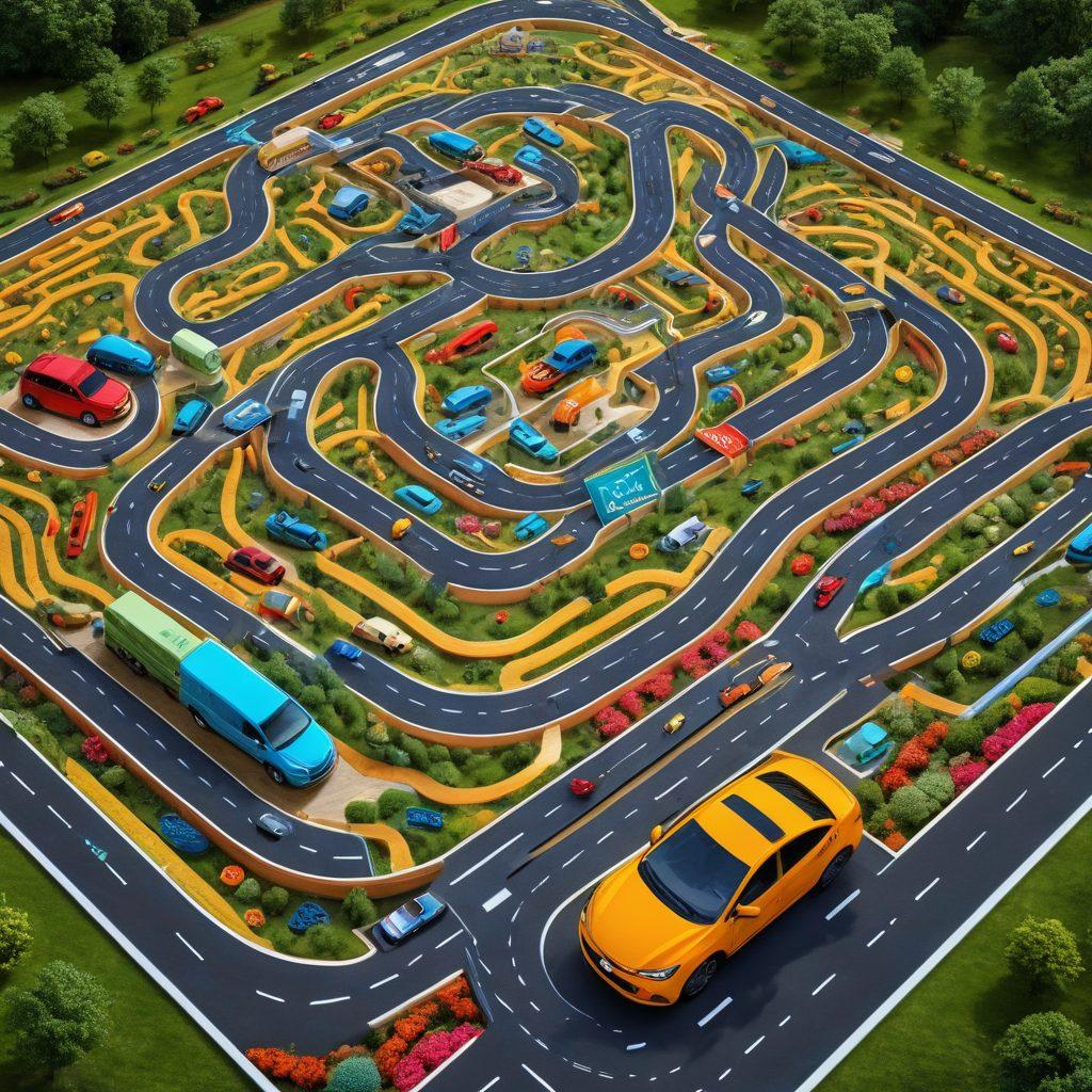 A detailed, colorful maze representing different vehicle coverage options, with various vehicle icons (cars, trucks, motorcycles) at various points within the maze. Include directional signs labeled with insurance terms, and a person navigating through the maze looking thoughtful. The overall atmosphere suggests exploration and decision-making. vibrant colors. super-realistic.