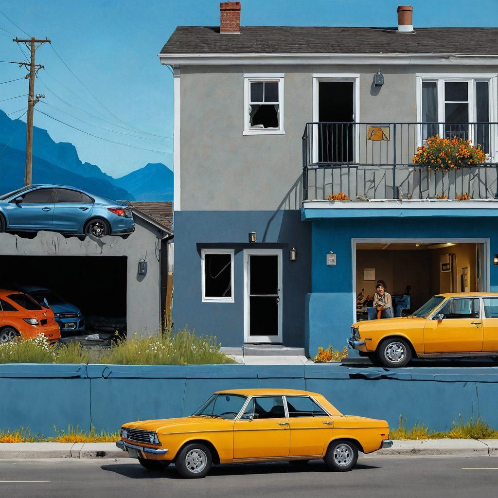 A split image depicting two contrasting scenes: on one side, a cozy home with a family feeling secure, surrounded by icons of full coverage insurance like shields and protective barriers; on the other side, a damaged car with a worried driver facing symbols of liability insurance like warning signs and expenses. Incorporate warm colors on the full coverage side and cooler tones on the liability side to emphasize the difference. super-realistic. vibrant colors.