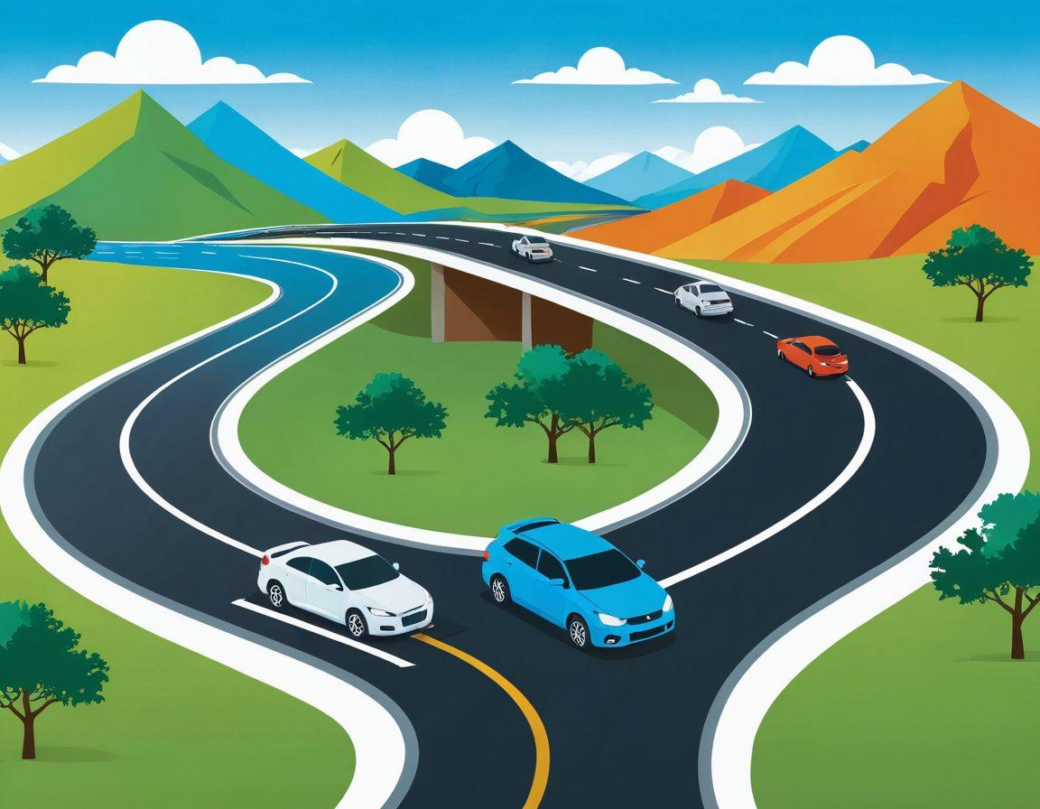 A visually engaging infographic displaying various car insurance options, showcasing a diverse group of drivers considering their choices. Include icons representing discounts, policy features, and coverage types, with a vibrant and approachable color palette. The background should depict a serene driving scene with a clear blue sky and a winding road. super-realistic. vibrant colors. infographic style.